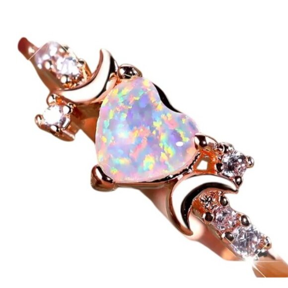 Ethiopian Heart White Fire Opal Engagement Ring October Birthstone 14K Gold - Picture 3 of 4